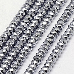 Electroplate Non-magnetic Synthetic Hematite Beads Strands, Faceted, Rondelle, Grade A, Platinum Plated, 4x2.25mm, Hole: 1mm, about 164pcs/strand, 16 inch(G-J160-B-01)