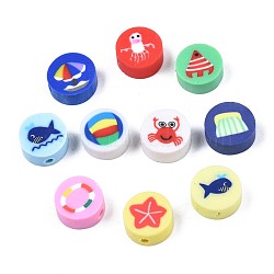 Handmade Polymer Clay Beads, Flat Round with Ocean Theme Patterns, Mixed Color, 9.5~10x4.5mm, Hole: 1.8mm(X-CLAY-N007-005)