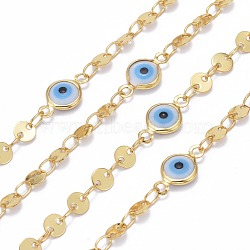 Handmade Brass Link Chains, with Flat Sequin Chain and Evil Eye Enamel Links, with Spool, Soldered, Long-Lasting Plated, Real 18K Gold Plated, 4x0.5mm and 12.5x6.5x2.5mm, about 32.8 Feet(10m)/roll(CHC-I035-04G)