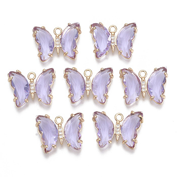 Glass Pendants, with Micro Pave Cubic Zirconia and Brass Open Back Settings, Faceted, Butterfly, Light Gold, Lilac, 15.5x20x4mm, Hole: 1.8mm