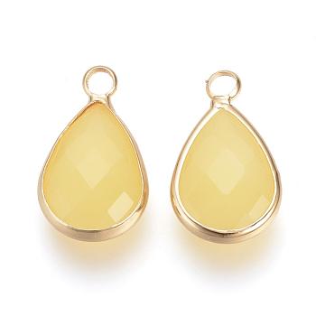 Glass Pendants, with Brass Findings, Faceted, Drop, Light Gold, Champagne Yellow, 18x10.5x4.5mm, Hole: 1.8~2.3mm