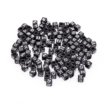 Opaque Acrylic Beads, Twelve Constellation/Zodiac Sign, Cube, Black, 7x7x7mm, Hole: 3.5mm, 1770~2100pcs/bag