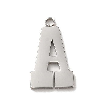 304 Stainless Steel Pendants, Letter A Charm, Stainless Steel Color, 17.5x10x1mm, Hole: 1.6mm