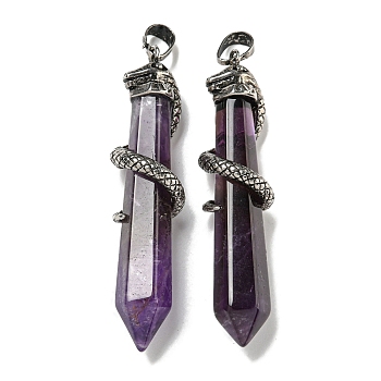 Natural Amethyst Pointed Big Pendants, Rack Plating Brass Snake Wrapped Faceted Bullet Charms, Antique Silver, Cadmium Free & Lead Free, 60.5x11.5x14mm, Hole: 8x5mm