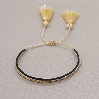 Miyuki Seed Braided Bead Bracelet with Double Tassel, Multi-strand Friendship Bracelet for Women, Black, 11 inch(28cm)
