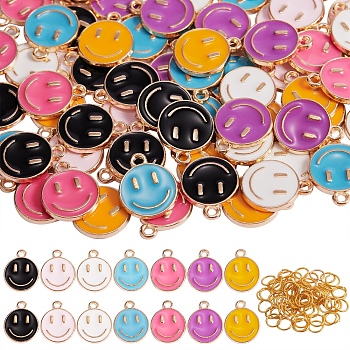 70Pcs 7 Colors Alloy Enamel Charms, with 70Pcs Iron Open Jump Rings, Cadmium Free & Lead Free, Flat Round with Smiling Face, Light Gold, Mixed Color, Charms: 14.5x12x1.5mm, Hole: 1.5mm, 70pcs, Jump Rings: 6x0.7mm, 21 Gauge, Inner Diameter: 4.6mm, 10pcs/color
