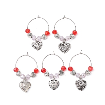 Valentine's Day Heart Alloy Wine Glass Charms, with Glass Beads and Brass Wine Glass Charm Rings, Antique Silver & Platinum, 44~45.5mm