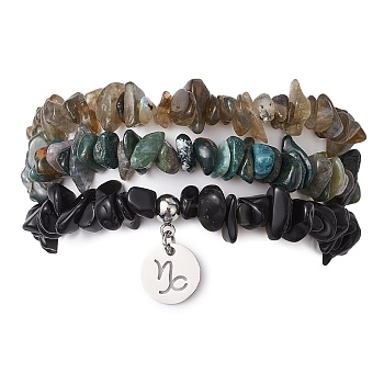 3Pcs 3 Styles Natural Labradorite & Obsidian & Moss Agate  Chips Stretch Bracelets Sets, Stackbale Bracelets with 304 Stainless Steel Charms, Capricorn, Inner Diameter: 2-1/8 inch(5.5cm), 1Pc/style