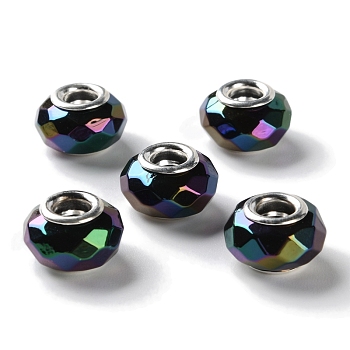 Opaque Brass Cores Acrylic European Beads, Rondelle, Large Hole Bead, Faceted, Silver, Black, 15x9mm, Hole: 5mm