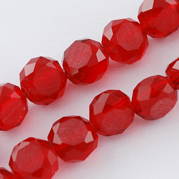 Frosted Glass Bead Strands, Faceted, Flat Round, Red, 6x3~4mm, Hole: 1mm