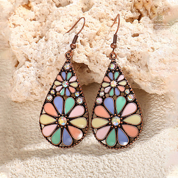 Bohemian Alloy Enamel Dangle Earrings, with Rhinestone, Teardrop with Flower Pattern, Red Copper, Colorful, 62x25mm