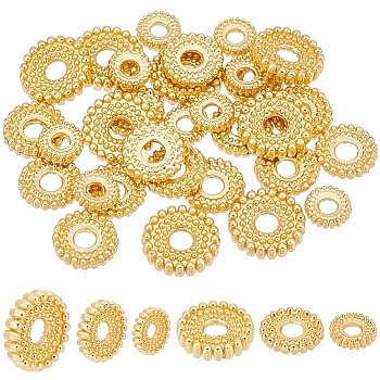 Elite 60Pcs 3 Styles Brass Spacer Bead, Flat Round with Gear Lace, Real 18K Gold Plated, 6~9.5x1.5~1.8mm, Hole: 2~2.5mm, 20pcs/style