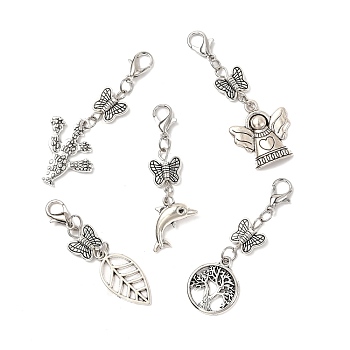 Butterfly Tibetan Style Alloy Pendants, with 304 Stainless Steel Jump Rings and Lobster Claw Clasps, Dauphin & Tree of Life, Cactus, Leaf and Angel, Antique Silver & Stainless Steel Color, 45~55mm