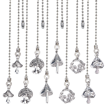 Tibetan Style Alloy Ceiling Fan Pull Chain Extenders, Mushroom Pendant Decoration, with Iron Ball Chains, Antique Silver, 342~351mm, 5 style, 2pcs/style, 10pcs/set