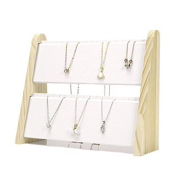 2-Tier PU Leather Pendant & Necklace Display Stands, Necklace Organizer Holder with Wooden Base, White, 30.8~31x10.7~10.8x26cm