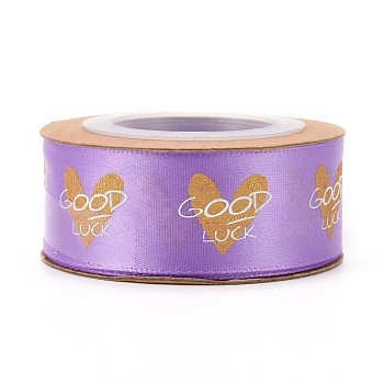 Polyester Ribbons, Single Face Golden Hot Stamping, for Gifts Wrapping, Party Decoration, Heart & Word Good Luck Pattern, Medium Orchid, 1-1/8 inch(27mm), 10yards/roll(9.14m/roll)