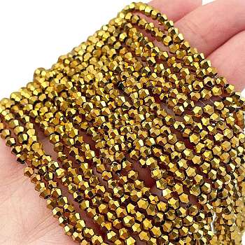 Transparent Electroplate Glass Beads Strands, Full Plated, Faceted, Bicone, Golden Plated, 3x2.5mm, Hole: 0.7mm, about 145~150pcs/strand, 16.34~16.54 inch(41.5~42cm)