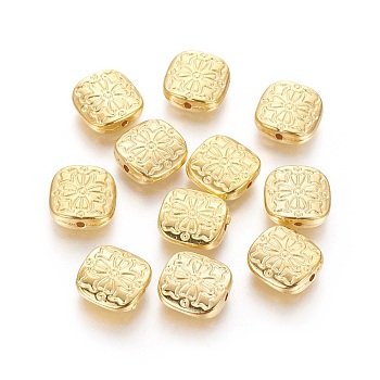 Tibetan Style Alloy Beads, Lead Free & Cadmium Free, Square with Flower, Golden, 10.5x10.5x3.5mm, Hole: 1.5mm