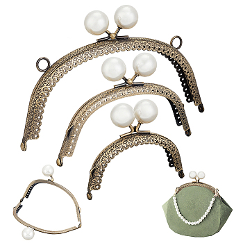 Elite 3Pcs 3 Style Iron Kiss Lock Purse Frame Handles, with Resin Imitation Pearl Beads, for Bag Sewing Craft Tailor Sewer, Antique Bronze, 7.9~10x8.7~12.7x1.1~1.3cm, 1pc/style
