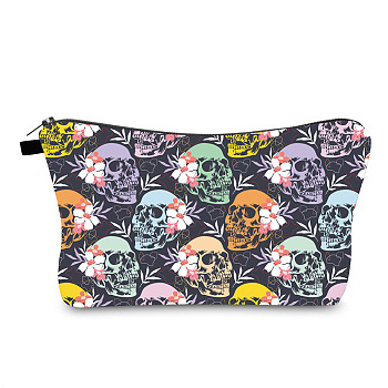 Halloween Skull Pattern Polyester Waterpoof Makeup Storage Bag, Multi-functional Travel Toilet Bag, Clutch Bag with Zipper for Women, Colorful, 22x18x13.5cm