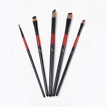 Wooden Paint Brushes Pens Sets, For Watercolor Oil Painting, Black, 177~200x5~9mm, brush: 8~20x2.5~11.5mm, 5pcs/set