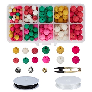 DIY Jewelry Kit, with Natural Lava Rock Beads, Tibetan Style Alloy Beads, Brass Spacer Beads, Sharp Steel Scissors, Elastic Crystal Thread, Mixed Color, 13.5x7x3cm