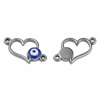 304 Stainless Steel Enamel Connector Charms, Stainless Steel Color, Heart with Evil Eye, Dark Blue, 11.5x18x3mm, Hole: 1.2mm
