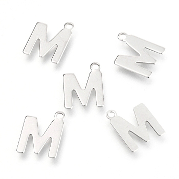 201 Stainless Steel Charms, Alphabet, Letter.M, 12x9.2x0.6mm, Hole: 1.2mm
