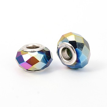 Faceted Glass European Beads, Large Hole Rondelle Beads, with Silver Color Plated Brass Cores, Full Plated, Rondelle, Rainbow Plated, 14x9mm, Hole: 5mm