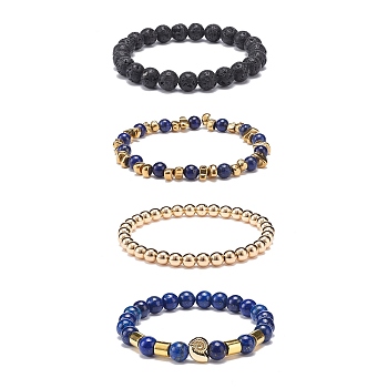 4Pcs 4 Style Natural Lava Rock & Lapis Lazuli(Dyed) & Synthetic Hematite Stretch Bracelets Set with Alloy Shell Beaded, Essential Oil Gemstone Jewelry for Women, Inner Diameter: 2~2-1/4 inch(5~5.75cm), 1Pc/style