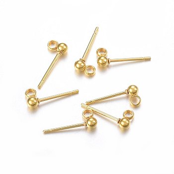 304 Stainless Steel Ball Stud Earring Findings, with Loop, Round, Real 24k Gold Plated, 14x5x3mm, Hole: 1.5mm, Pin: 0.8mm