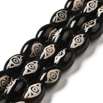 Tibetan Style dZi Beads Strands, Natural & Dyed Agate Beads, Rice, Black, 2-Eye, 13~14x9.5~10mm, Hole: 1.4mm, about 25pcs/strand, 13.58 inch(34.5cm)