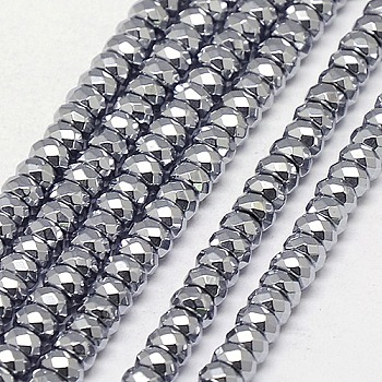 Electroplate Non-magnetic Synthetic Hematite Beads Strands, Faceted, Rondelle, Grade A, Platinum Plated, 4x2.25mm, Hole: 1mm, about 164pcs/strand, 16 inch