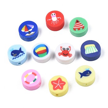 Summer Style Handmade Polymer Clay Beads, Flat Round with Ocean Theme Patterns, Mixed Color, 9.5~10x4.5mm, Hole: 1.8mm