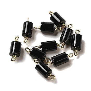 Natural Black Onyx(Dyed & Heated) Connector Charms, Column Links with Real 18K Gold Plated Brass Double Loops, 23~23.5x8mm, Hole: 1.5mm