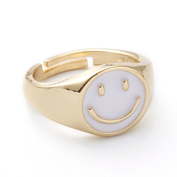 Adjustable Brass Enamel Finger Rings, Long-Lasting Plated, Smiling Face, Real 18K Gold Plated, White, US Size 7 1/4(17.5mm)