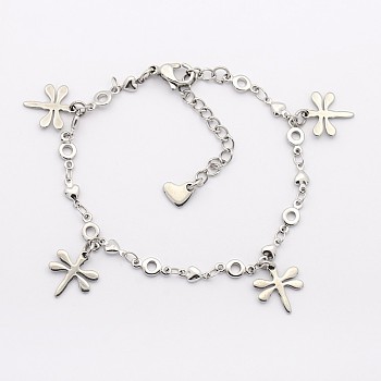 304 Stainless Steel Dragonfly Charms Bracelets, with 304 Stainless Steel Findings, Lobster Claw Clasps and End Chains, Stainless Steel Color, 6-1/2 inch(165mm), 4mm