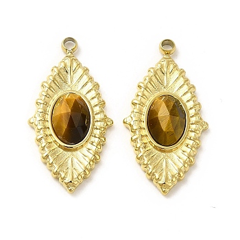 Natural Tiger Eye Pendants, Faceted Horse Eye Charms, with Vacuum Plating Real 18K Gold Plated 201 Stainless Steel Findings, 19x10x3.5mm, Hole: 1mm
