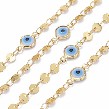Handmade Brass Link Chains, with Flat Sequin Chain and Evil Eye Enamel Links, with Spool, Soldered, Long-Lasting Plated, Real 18K Gold Plated, 4x0.5mm and 12.5x6.5x2.5mm, about 32.8 Feet(10m)/roll