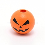 Natural Wood Beads, Halloween Theme, Round with Expression Pattern, Dark Orange, 15.5~16mm, Hole: 4mm(WOOD-TAC0007-56)