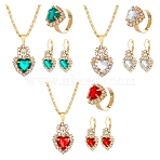 Heart Rhinestone Jewerly Set, Golden Alloy 3 Pairs 3 Colors Leverback Earrings & 3Pcs 3 Colors Pendant Necklace & 3Pcs 3 Colors Adjustable Ring, Mixed Color, Inner Diameter: 18mm, 530mm, 32x15mm(SJEW-HY0001-09)