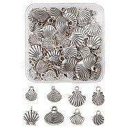 80Pcs 8 Style Shell Shape Tibetan Style Alloy Pendants, with CCB Plastic Pendants, Antique Silver, 12.5~18x9.5~17x2.5~5mm, Hole: 1.5~3mm, 10pcs/style(FIND-YW0003-79)