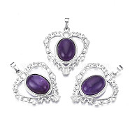 Natural Amethyst Pendants, with Rack Plating Platinum Tone Brass Findings, Heart, 38.5x34x8mm, Hole: 7x5mm(G-S274-12K)