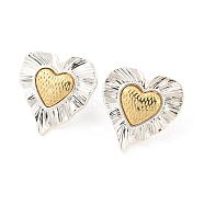 Brass Stud Earrings, with 925 Sterling Silver Pin, Textured, Heart, Golden & Silver, 24.5x24mm(EJEW-M234-01S)