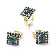 Natural Malachite & Lapis Lazuli Adjustable Ring, Real 18K Gold Plated Brass Wide Ring for Women, Inner Diameter: 17mm(RJEW-B030-01A-07)