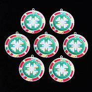 Spray Painted Brass Pendants, with Printed, for Christmas, Flat Round with Snowflake, Sea Green, 33x30x0.4mm, Hole: 1.6mm(KK-Q281-002)