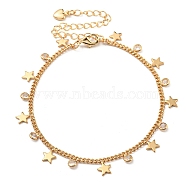 Brass Star & Glass Flat Round Charm Bracelets with Curb Chains, Golden, 7-1/8 inch(18cm)(NJEW-R263-25G)