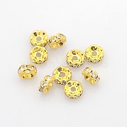 Brass Rhinestone Spacer Beads, Grade AAA, Wavy Edge, Nickel Free, Golden Metal Color, Rondelle, Crystal, 6x3mm, Hole: 1mm(RB-A014-L6mm-01G-NF)