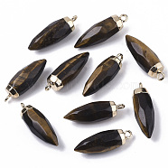 Top Golden Plated Natural Tiger Eye Pointed Pendants, with Iron Loops, Faceted, Bullet, 25~26x7~8mm, Hole: 1.8mm(G-S359-078A)