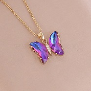 Fashionable Gradient Butterfly Alloy Glass Pendant Necklace, Unique Clavicle Chain for Women, Golden, Medium Orchid, show in picture(LK8571-2)